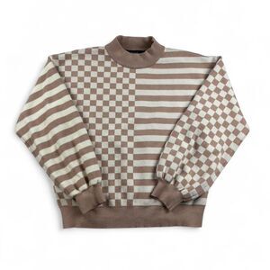 Hehull Checkered Knit Sweater Beige White Women’s Medium Cozy Pullover